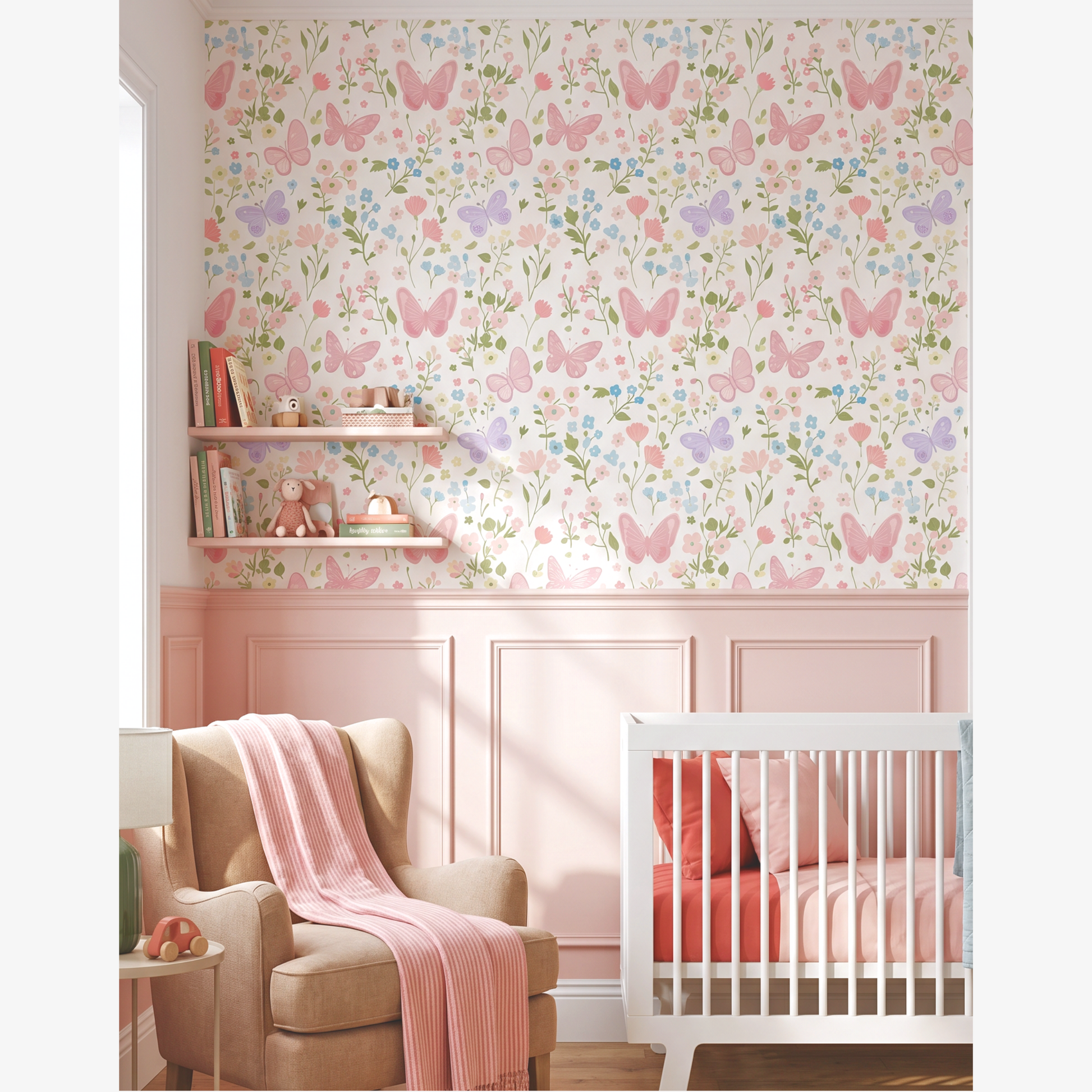 Pastel butterfly wallpaper above blush pink wall panelling, baby girl nursery with crib and armchair, soft floral nursery decor