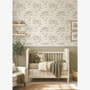 Children's room with checkered wallpaper, bed with teddy bears, and patterned wall.