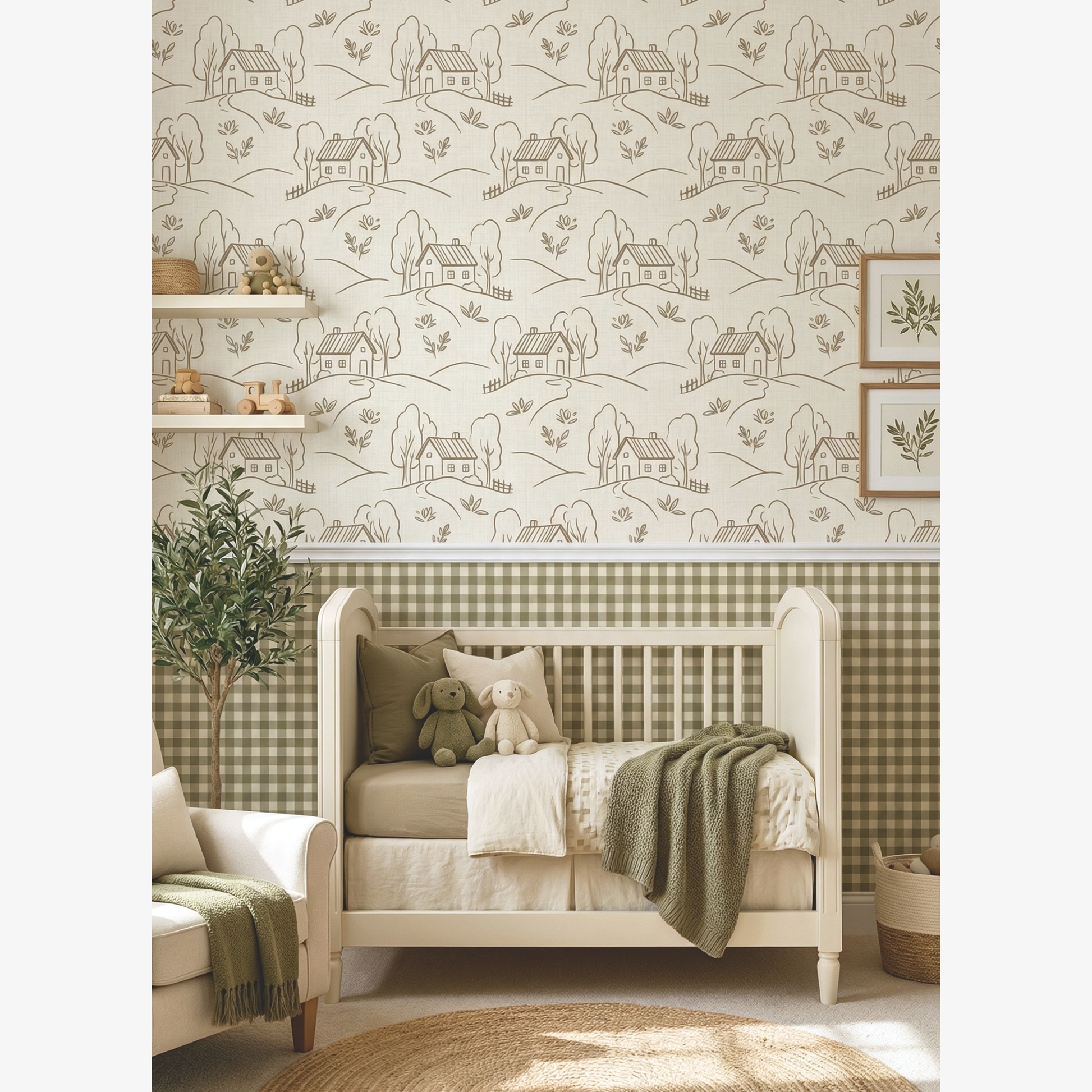 Children's room with checkered wallpaper, bed with teddy bears, and patterned wall.
