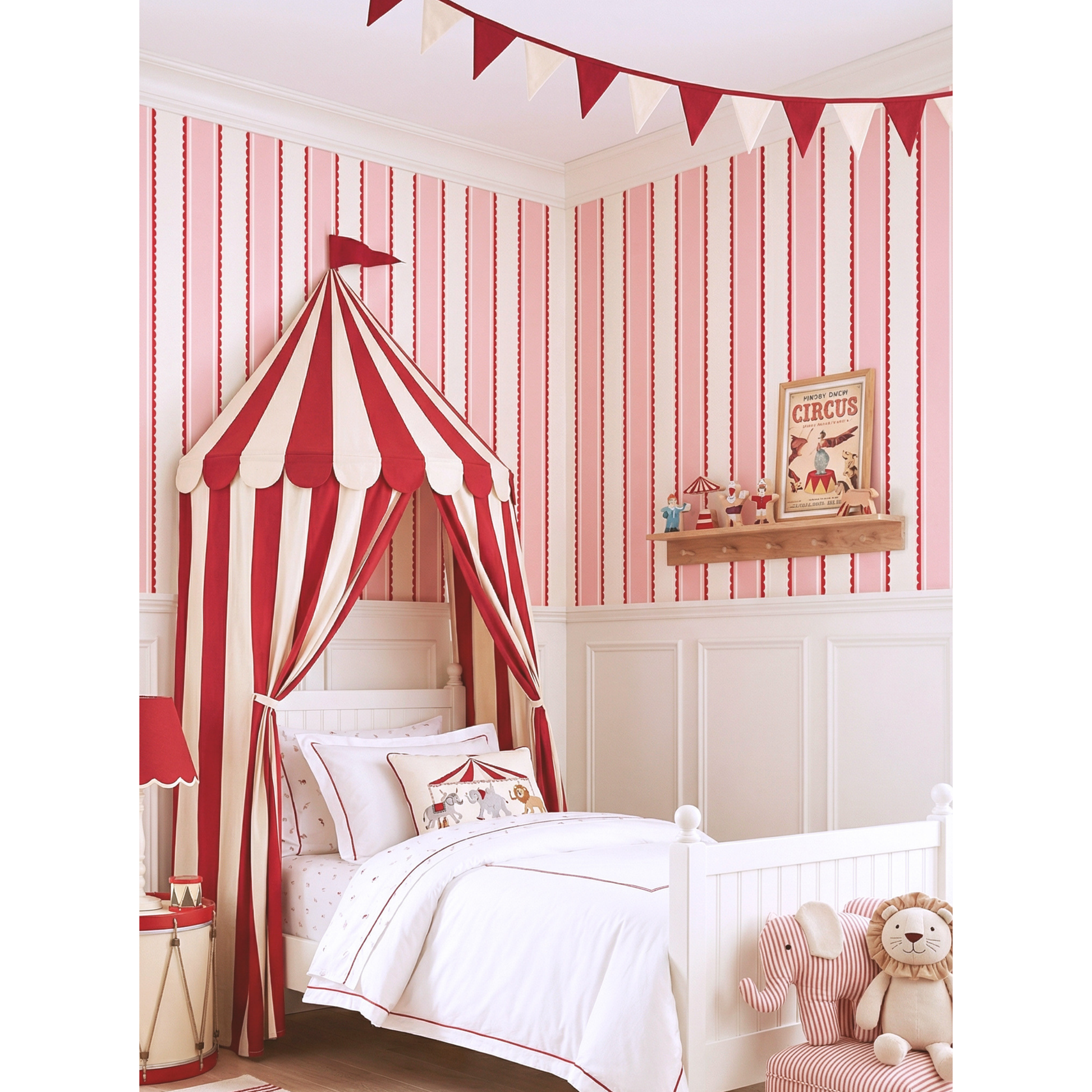 Red stripe wallpaper in kids bedroom with circus canopy bed, playful vintage circus theme kids room decor