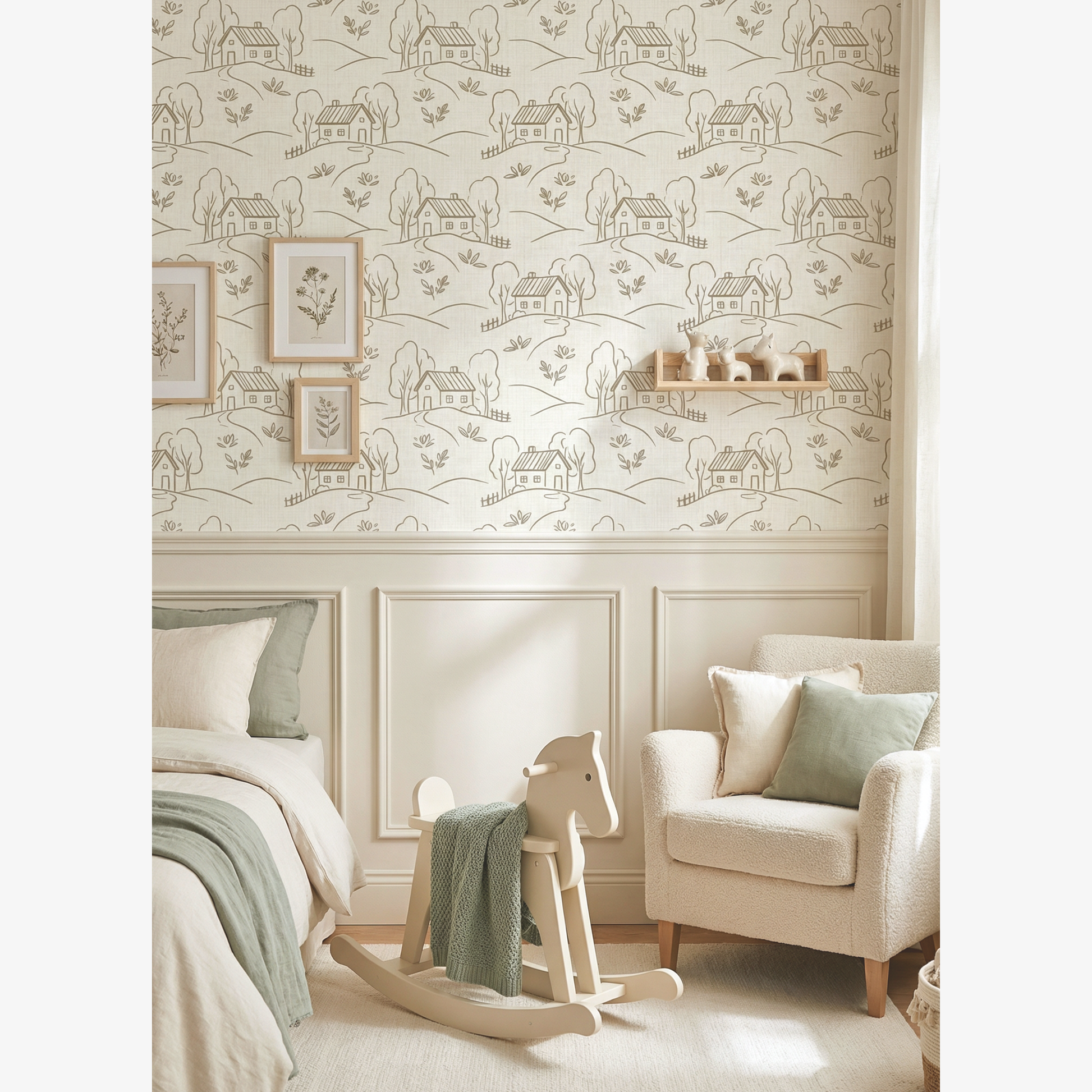 Children's room with wallpaper featuring small houses, rocking chair, and armchair.