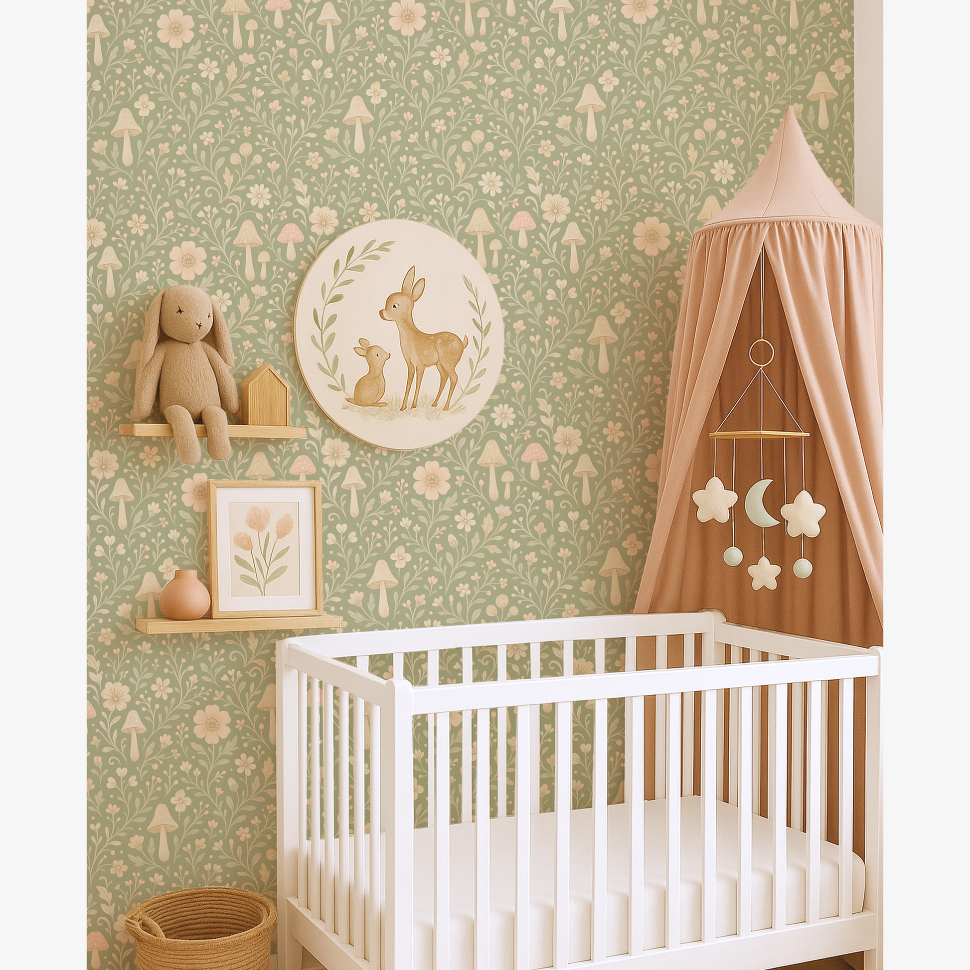 Sage green woodland wallpaper in baby nursery with crib, bunny toy and floral mushroom pattern wall decor