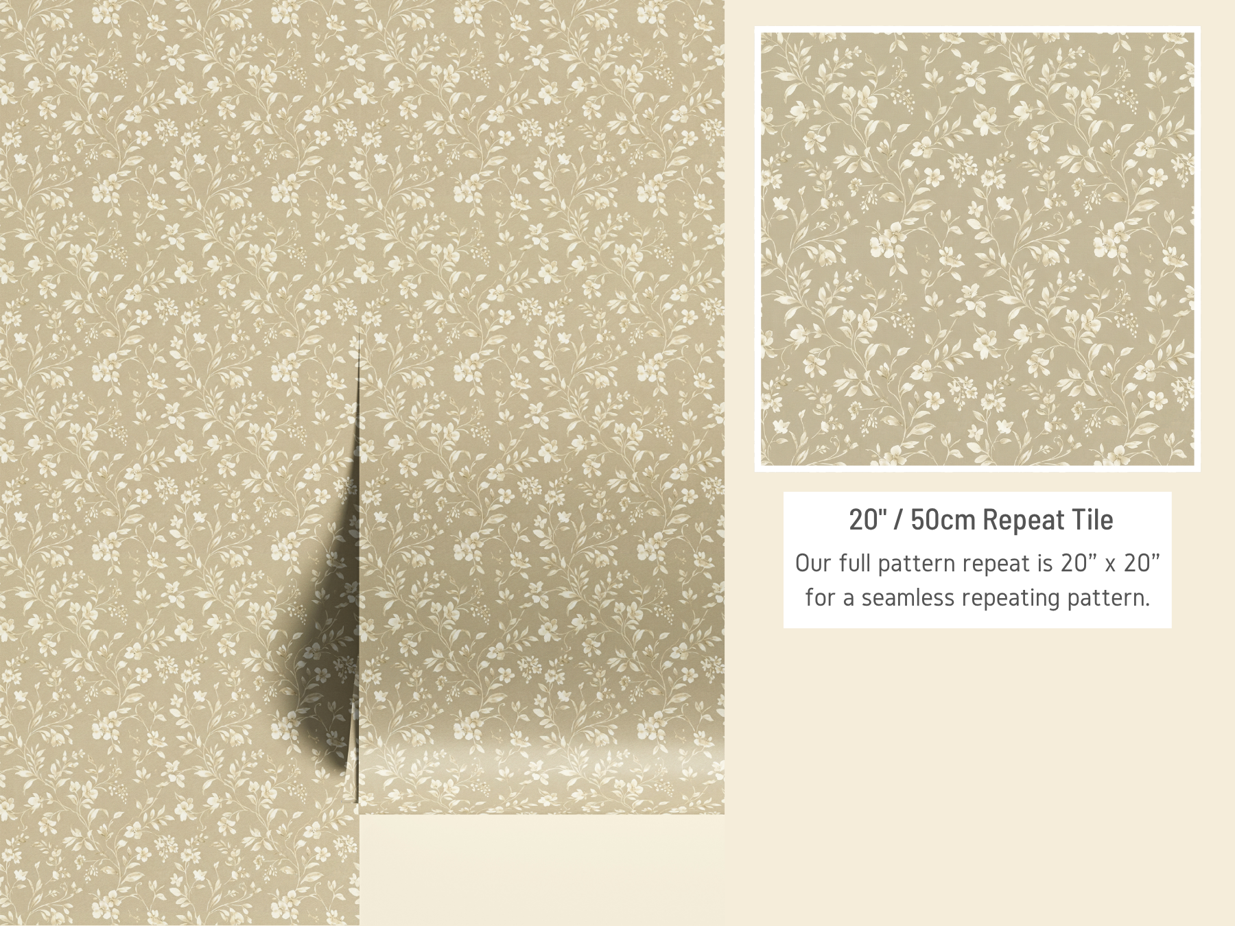 Beige floral patterned paper with a 20x20cm repeat tile and additional details.
