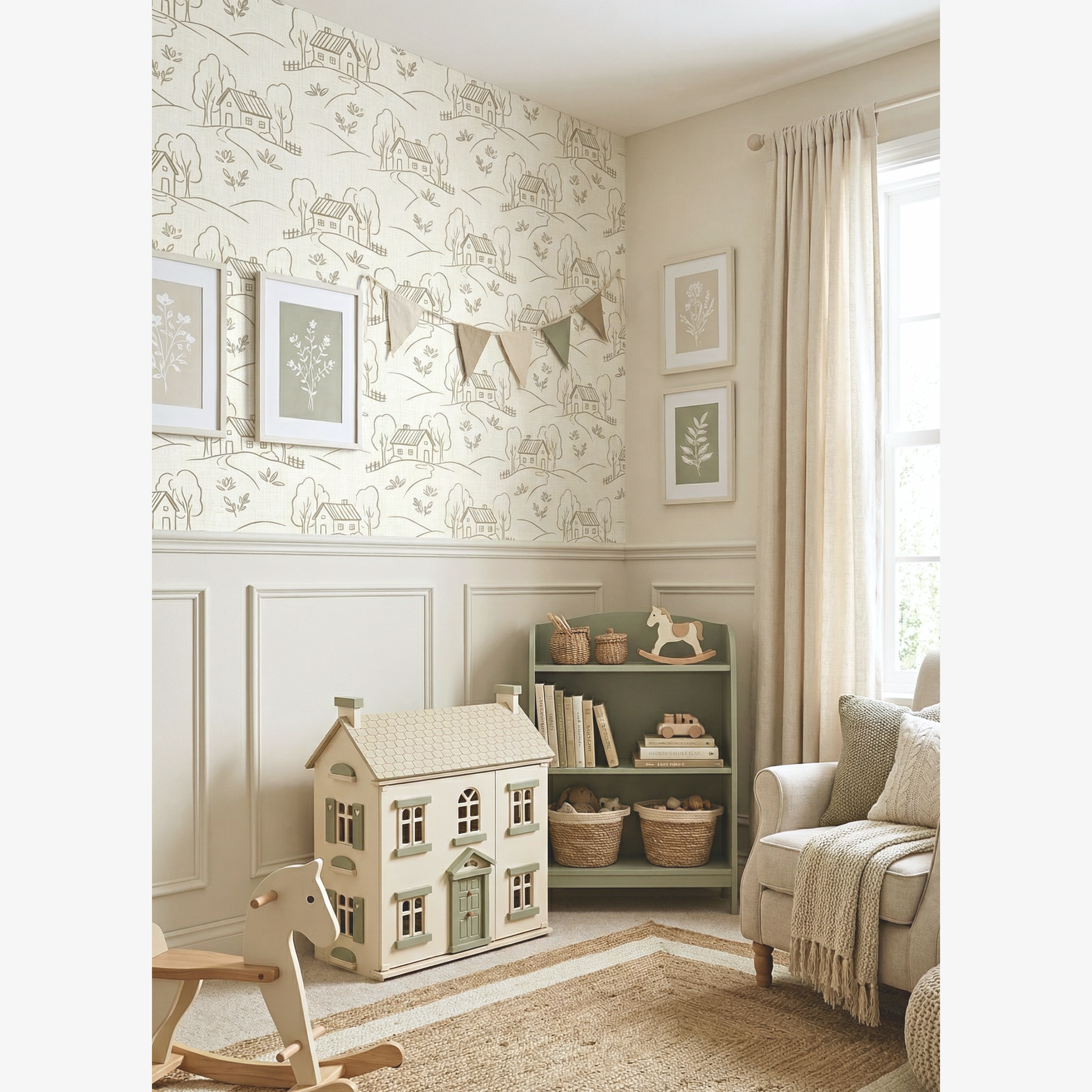 Children's room with wallpaper, furniture, and toys in a neutral color scheme.