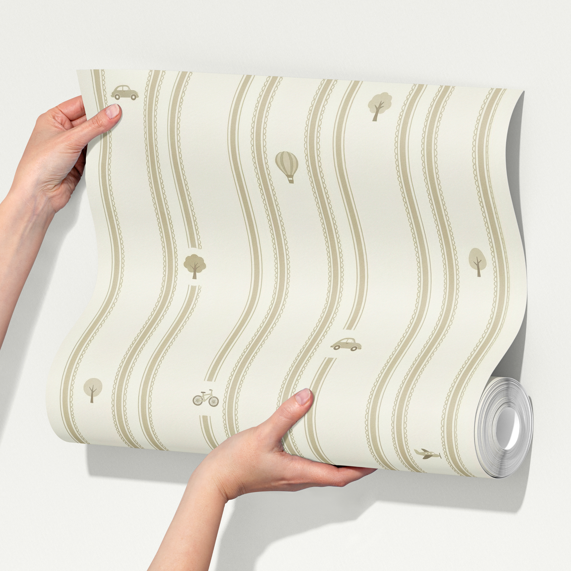 Roll of wallpaper with repeating vertical stripe pattern held by a person on a white background