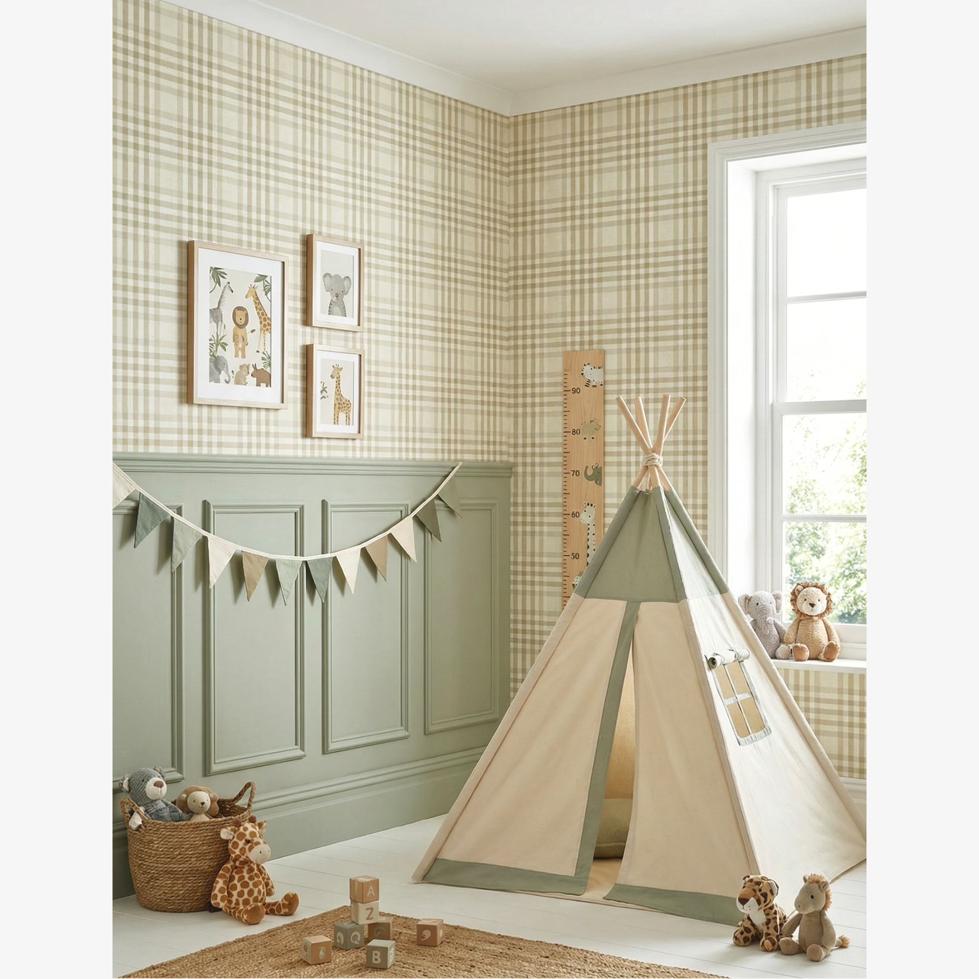 Children's room with a teepee, toys, and wall art in a home setting.