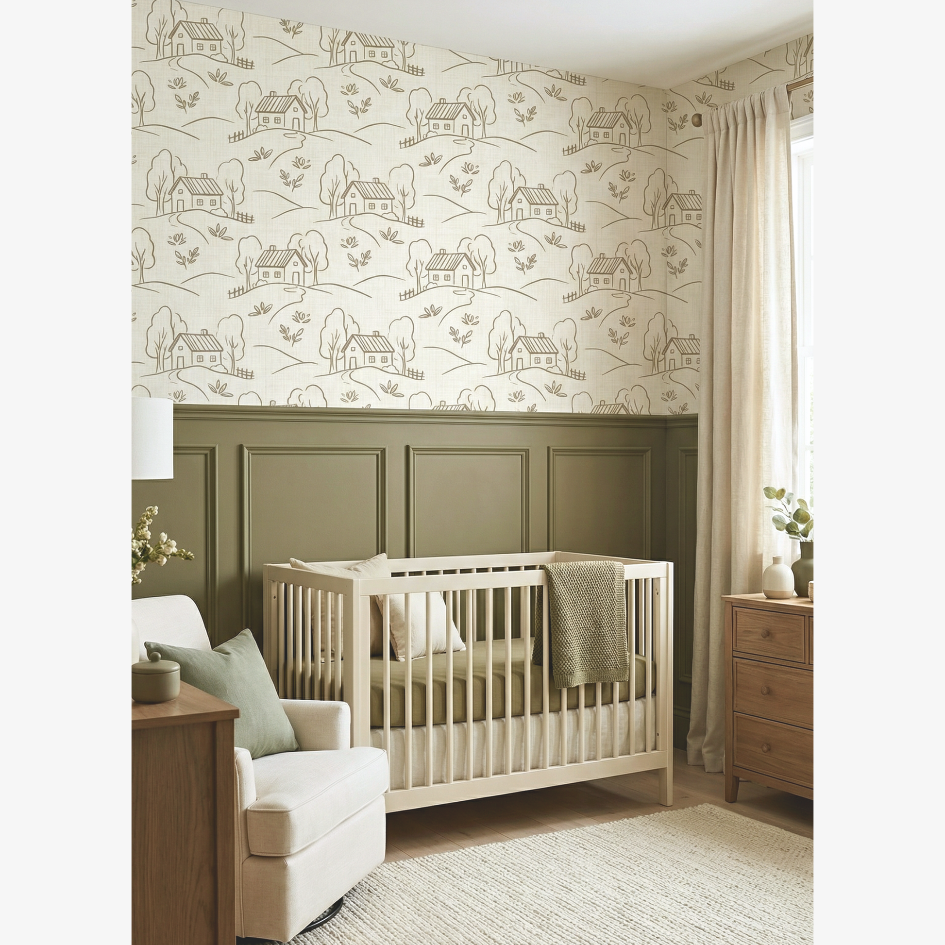 Nursery room with crib, armchair, and decorative wallpaper featuring small houses.