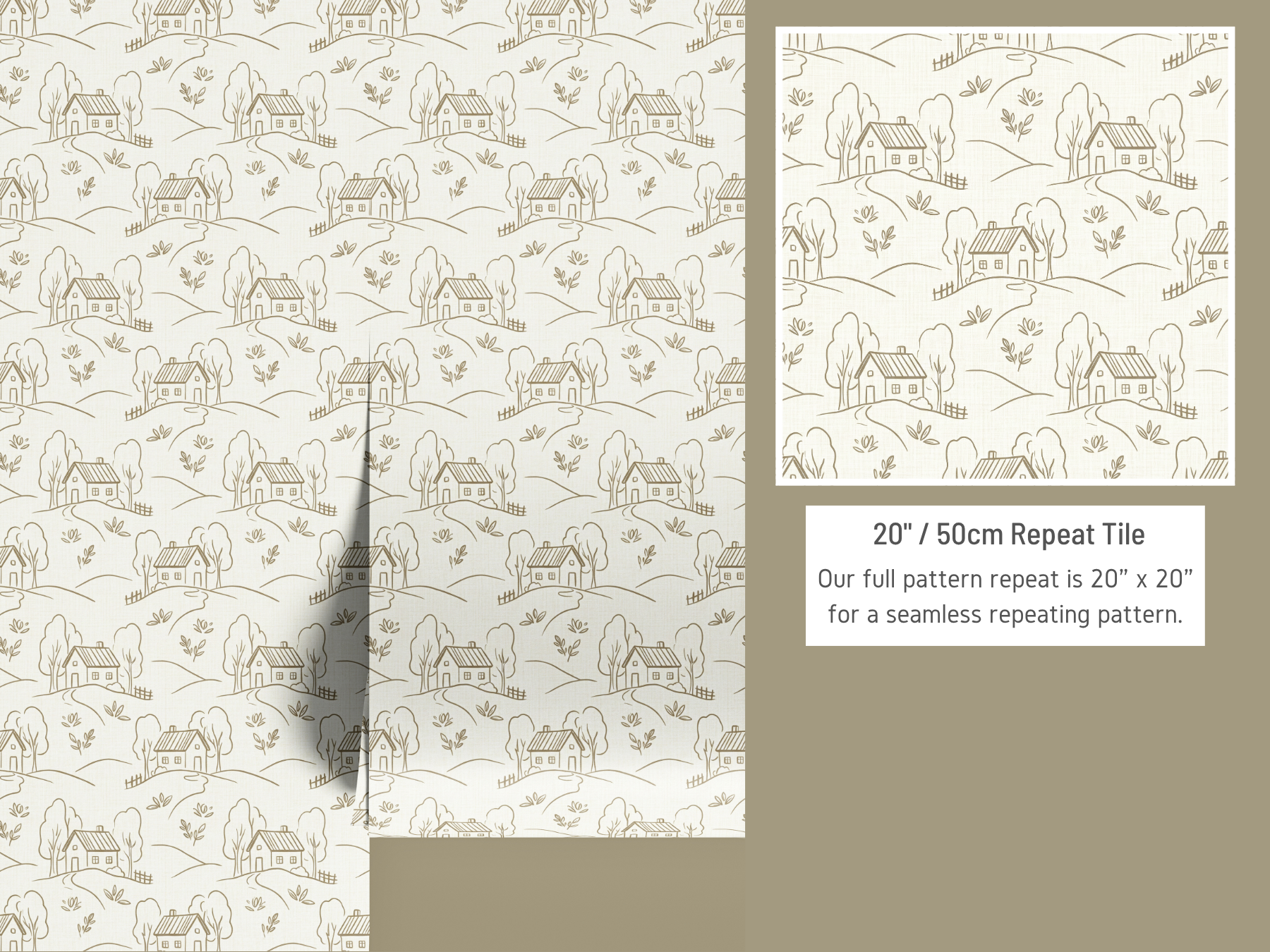 Patterned paper with small house design and a label indicating repeat tile size.