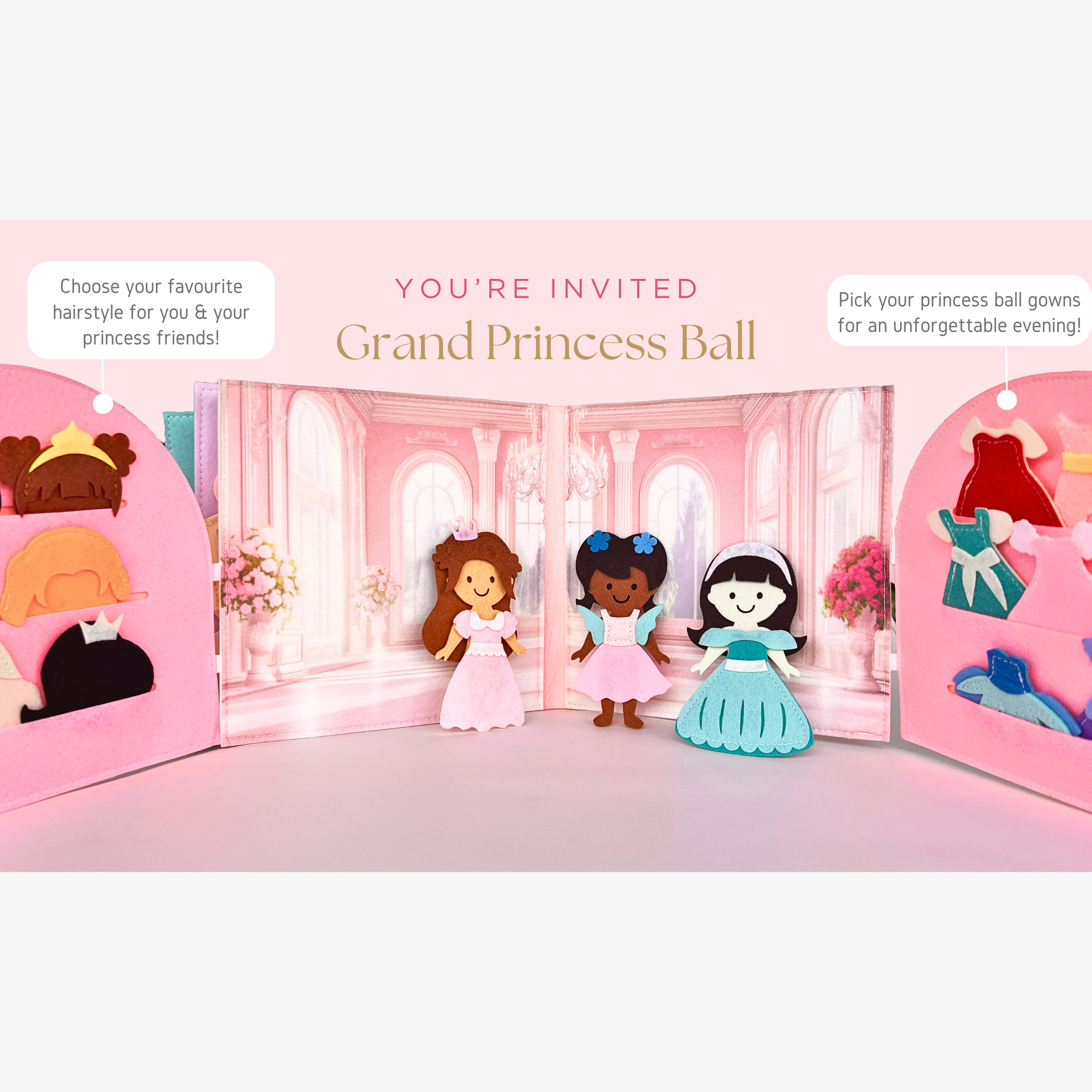 Princess busy book ball scene with felt princess dolls in a pink palace setting, featuring removable gowns, hairstyles, and role play pieces for imaginative Montessori toddler play.