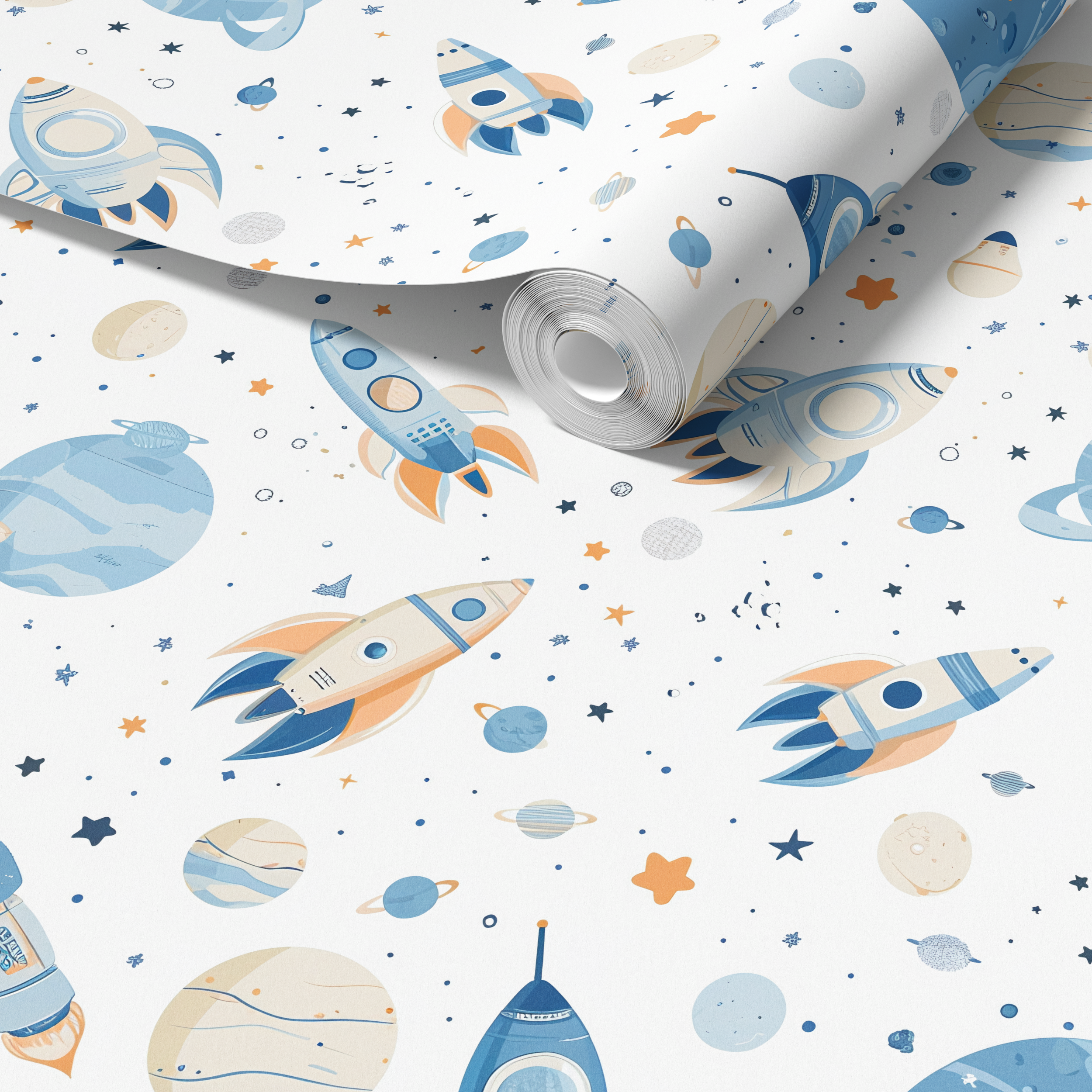 A roll of wrapping paper or wallpaper with a playful outer-space print, partially unrolled to show the repeating pattern of rockets, planets, stars, and moons on a white background.